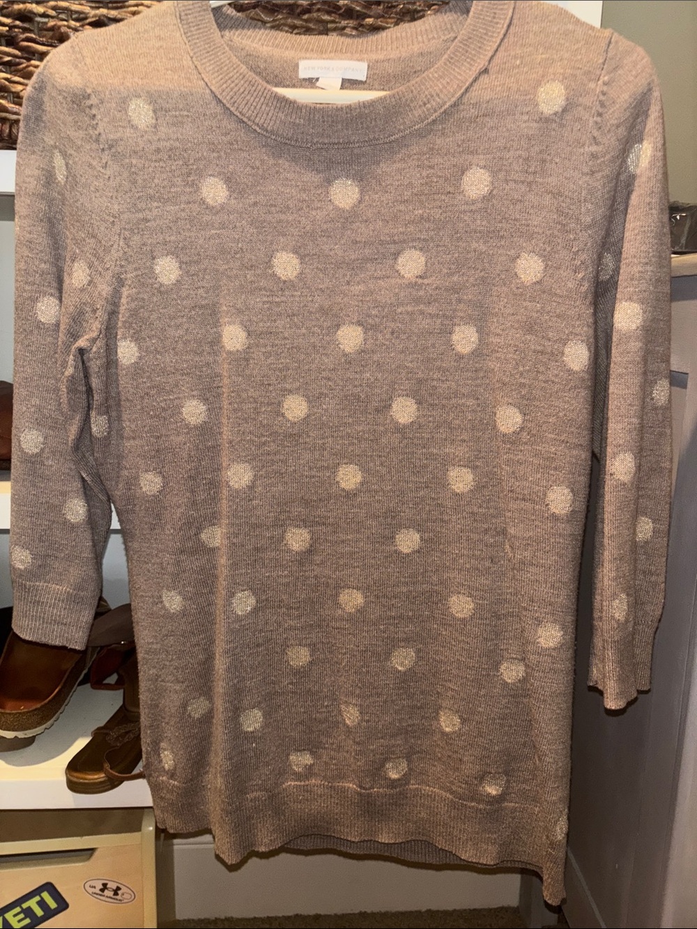New York & Company Taupe Polka Dot Crewneck Sweater